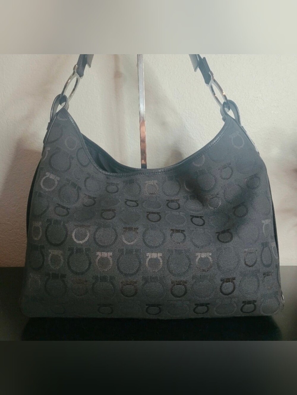 Salvatore Ferragamo Black Gancini Monogram Canvas Hobo Shoulder Bag COA